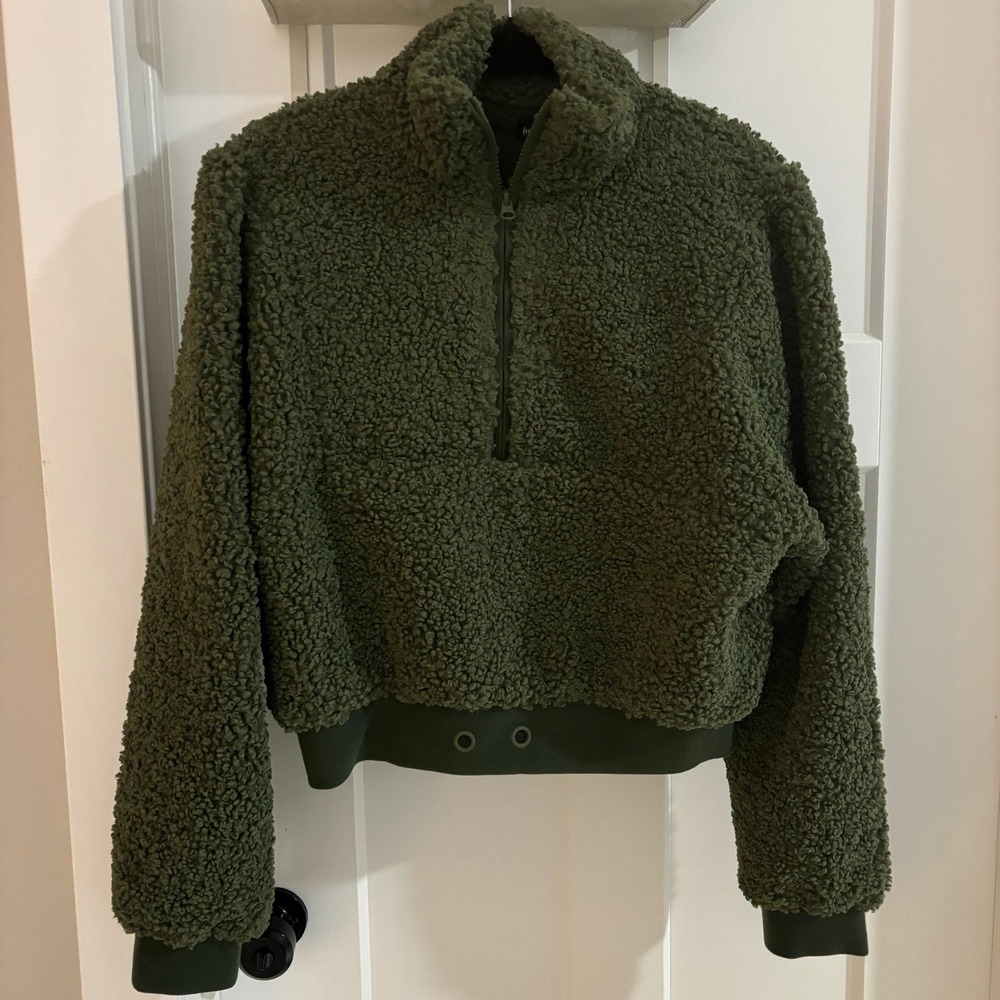 For Love And Lemons Olive Green Sherpa Half-Zip Pullover Jacket